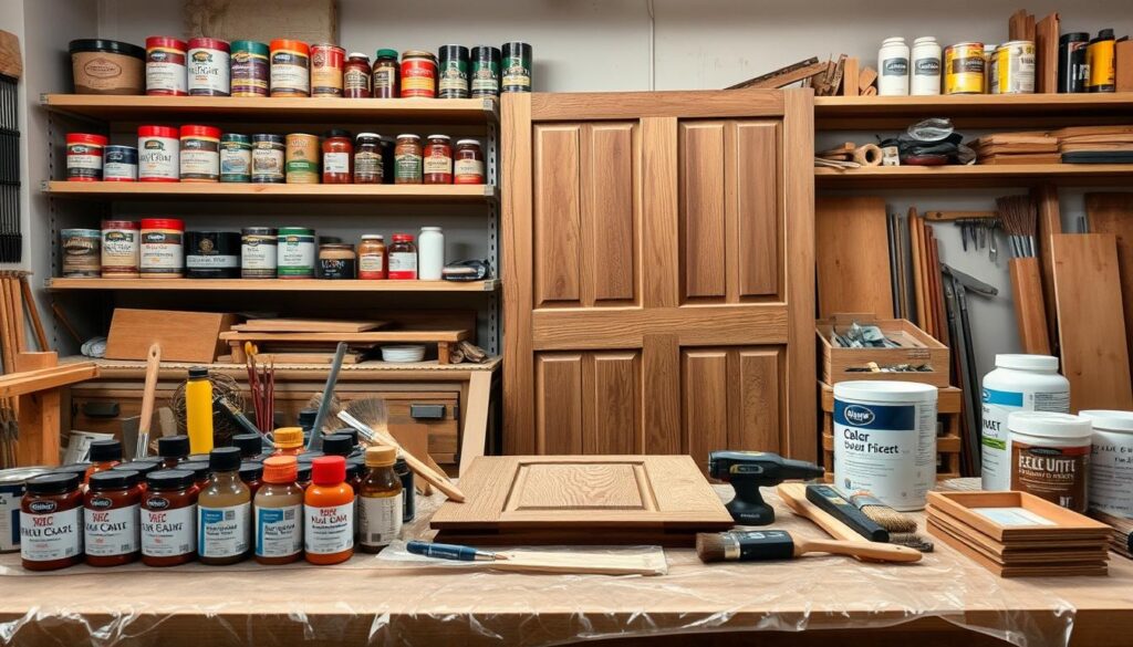 A well-organized workshop filled with various door finishing materials and tools. In the foreground, display an assortment of professional-grade wood stains, varnishes, and brushes neatly arranged on a workbench. In the middle, include a partially completed wooden door, showcasing smooth edges and a beautiful finish, with some sanding tools beside it. The background features shelves stocked with paint cans, hardware supplies, and a door frame under soft, warm lighting that creates an inviting atmosphere. A clear plastic drop cloth covers the floor, emphasizing cleanliness and organization. Capture this scene from a slightly elevated angle, giving a clear view of both the materials and the door being worked on. Use natural light to enhance textures and colors, creating a productive, professional vibe.