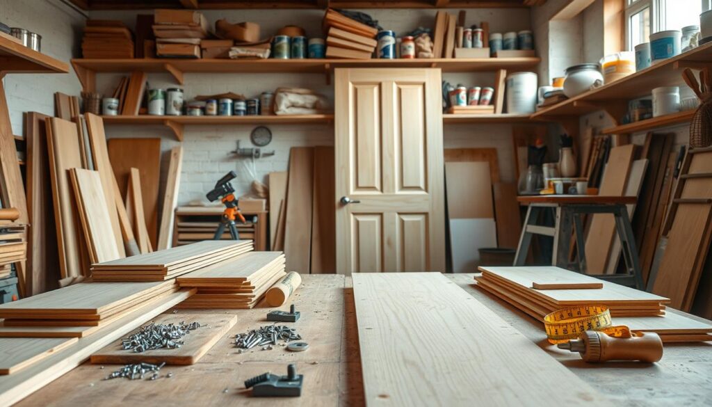 A well-organized workshop scene showcasing various materials for making doors. In the foreground, a wooden workbench cluttered with a variety of supplies: planks of solid wood, panels of plywood, screws, hinges, and a measuring tape. In the middle, a partially constructed door leaning against a wall, with tools like a saw and a hammer placed nearby. The background features shelves filled with additional materials and tools: paint cans, brushes, and sandpaper. Soft, natural light illuminates the scene from a nearby window, creating warm tones that evoke a creative and productive atmosphere. The angle is slightly elevated, providing a clear view of the materials and tools, inviting the viewer into the crafting process.