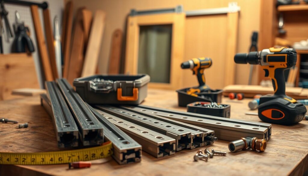A well-organized workspace featuring essential sliding door installation equipment and materials. In the foreground, display a set of sturdy metal tracks, wooden panels, and rollers neatly arranged on a wooden workbench, with a measuring tape and a level tool nearby. In the middle ground, showcase a toolbox filled with screws, bolts, and a screwdriver, along with a power drill prominently positioned. In the background, incorporate a subtle hint of a partially installed sliding door frame leaning against the wall, bathed in soft, warm workshop lighting that highlights the textures of the wood and metal. The scene should evoke a sense of focus and readiness for a hands-on project, with a clean, organized aesthetic that conveys professionalism and efficiency. A well-organized workspace featuring essential sliding door installation equipment and materials. In the foreground, display a set of sturdy metal tracks, wooden panels, and rollers neatly arranged on a wooden workbench, with a measuring tape and a level tool nearby. In the middle ground, showcase a toolbox filled with screws, bolts, and a screwdriver, along with a power drill prominently positioned. In the background, incorporate a subtle hint of a partially installed sliding door frame leaning against the wall, bathed in soft, warm workshop lighting that highlights the textures of the wood and metal. The scene should evoke a sense of focus and readiness for a hands-on project, with a clean, organized aesthetic that conveys professionalism and efficiency.