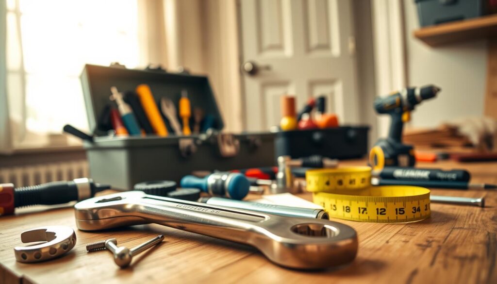 A well-organized workspace showcasing essential tools for door regulation. In the foreground, prominently feature a high-quality adjustable wrench, a set of screwdrivers, an Allen key set, and a tape measure scattered on a wooden workbench. In the middle ground, show a neatly arranged toolbox partially open, revealing additional tools like a level and a drill. The background should include a slightly blurred view of a door frame, indicating the context of door adjustment. Soft, natural lighting pours in from a nearby window, creating a warm and inviting atmosphere that highlights the tools' metallic textures and the wood grain of the bench. Capture a slightly elevated angle to provide a dynamic view of this essential setup for home improvement.