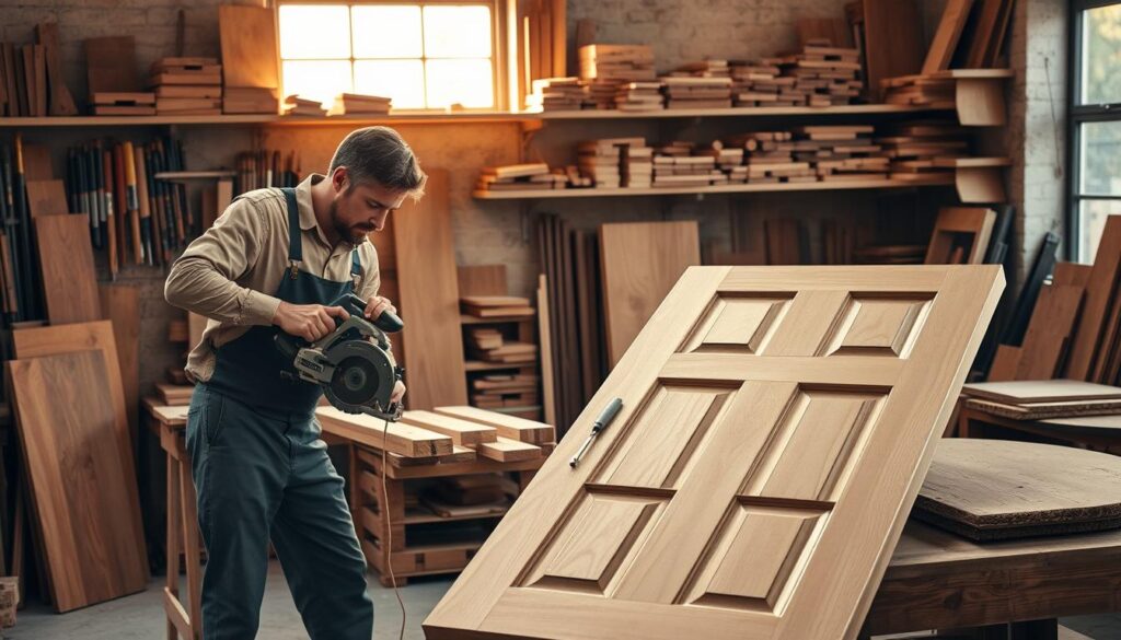 A workshop scene focused on the production of wooden doors from planks. In the foreground, showcase a master carpenter, wearing professional attire, skillfully measuring and cutting a large wooden plank with a circular saw. The middle ground features various stages of door assembly, with pieces of wood, tools like chisels and clamps, and a partially constructed door resting on a workbench. The background includes shelves filled with neatly organized tools and wood samples, illuminated by warm, natural light streaming through a window. The atmosphere is industrious yet inviting, emphasizing craftsmanship and attention to detail.