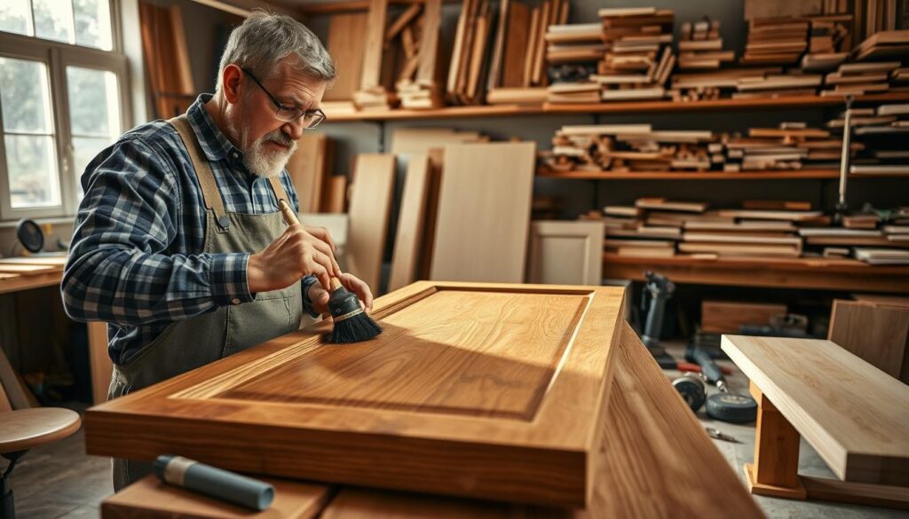 A workshop scene showcasing advanced door finishing techniques. In the foreground, a skilled carpenter, dressed in professional work attire, carefully applies a wood stain to a beautifully grained wooden door, highlighting his focused expression. In the middle ground, various tools of the trade, like brushes and sanders, are neatly arranged on a workbench, with a partially finished door beside them. In the background, shelves are stacked with different types of wood and finishing materials, bathed in warm, natural light streaming through a window, casting soft shadows. The atmosphere is one of craftsmanship and dedication, emphasizing the intricate details and art of door processing. The image should be clear and well-composed, capturing the essence of wood finishing techniques. A workshop scene showcasing advanced door finishing techniques. In the foreground, a skilled carpenter, dressed in professional work attire, carefully applies a wood stain to a beautifully grained wooden door, highlighting his focused expression. In the middle ground, various tools of the trade, like brushes and sanders, are neatly arranged on a workbench, with a partially finished door beside them. In the background, shelves are stacked with different types of wood and finishing materials, bathed in warm, natural light streaming through a window, casting soft shadows. The atmosphere is one of craftsmanship and dedication, emphasizing the intricate details and art of door processing. The image should be clear and well-composed, capturing the essence of wood finishing techniques.