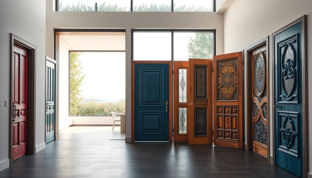 An artistic display of custom doors, showcasing innovative designs that challenge traditional aesthetics. In the foreground, a series of unique doors with vibrant colors and intricate patterns, each door showcasing different materials like wood, metal, and glass. The middle ground features an elegant hallway in a modern home, with soft, natural light filtering through large windows, illuminating the textures of the doors. The background offers a serene outdoor view, with gentle greenery framing the scene, creating a peaceful atmosphere. The composition should utilize a wide-angle lens to capture the entire display, emphasizing the uniqueness of each door in a stylish, contemporary setting. The overall mood is inspiring and inventive, inviting viewers to explore alternative solutions to standard door designs. An artistic display of custom doors, showcasing innovative designs that challenge traditional aesthetics. In the foreground, a series of unique doors with vibrant colors and intricate patterns, each door showcasing different materials like wood, metal, and glass. The middle ground features an elegant hallway in a modern home, with soft, natural light filtering through large windows, illuminating the textures of the doors. The background offers a serene outdoor view, with gentle greenery framing the scene, creating a peaceful atmosphere. The composition should utilize a wide-angle lens to capture the entire display, emphasizing the uniqueness of each door in a stylish, contemporary setting. The overall mood is inspiring and inventive, inviting viewers to explore alternative solutions to standard door designs.