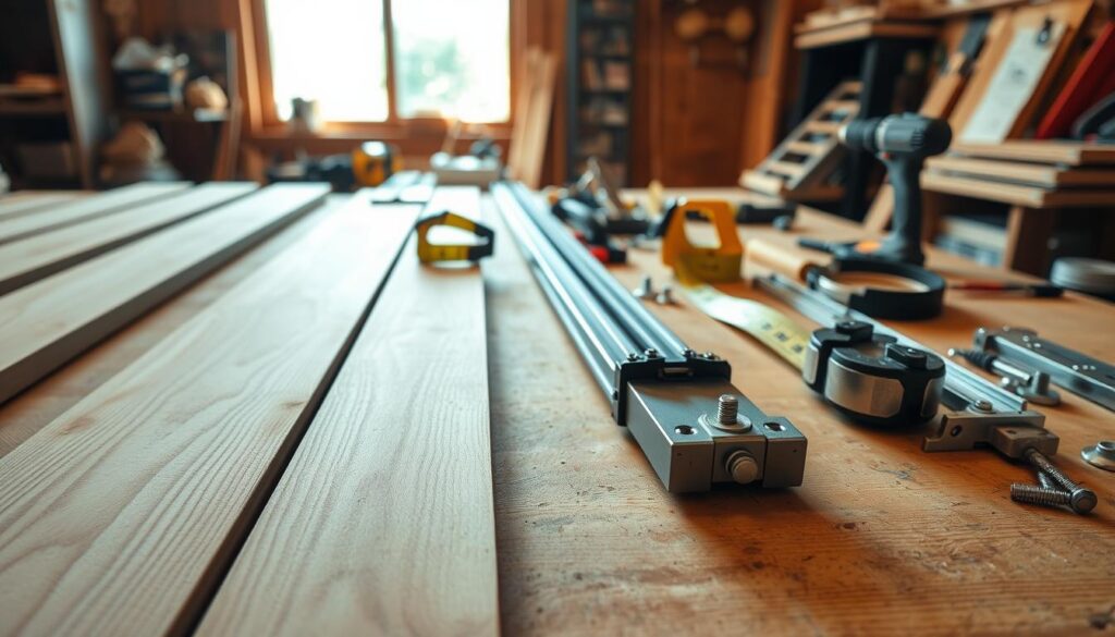 An assortment of materials laid out on a workbench, intended for sliding door construction. In the foreground, showcase smooth wooden planks, a metal track, and various hardware pieces like rollers and brackets. In the middle ground, a measuring tape and a saw rest alongside tools such as screws and a drill, hinting at an ongoing project. The background features a cozy workshop with soft, natural light streaming in through a window, casting shadows that enhance the scene's depth. Use a warm color palette to evoke a sense of craftsmanship and creativity, with a shallow depth of field focusing on the materials, creating an inviting atmosphere that inspires DIY enthusiasm. An assortment of materials laid out on a workbench, intended for sliding door construction. In the foreground, showcase smooth wooden planks, a metal track, and various hardware pieces like rollers and brackets. In the middle ground, a measuring tape and a saw rest alongside tools such as screws and a drill, hinting at an ongoing project. The background features a cozy workshop with soft, natural light streaming in through a window, casting shadows that enhance the scene's depth. Use a warm color palette to evoke a sense of craftsmanship and creativity, with a shallow depth of field focusing on the materials, creating an inviting atmosphere that inspires DIY enthusiasm.