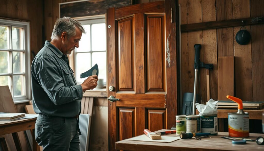 An elegant, well-maintained old wooden door being revitalized in a cozy workshop. In the foreground, a skilled artisan in modest casual clothing gently strips old paint using a paint scraper. The middle ground features various restoration tools, including sandpaper, a paintbrush, and a can of varnish, arranged neatly on a workbench. In the background, soft, warm natural light filters through a window, illuminating the rich wood grain of the door and adding an inviting glow to the scene. The atmosphere is calm and focused, reflecting a sense of craftsmanship and attention to detail in restoring the door’s beauty. The image captures the essence of door renovation, highlighting both the process and the transformation. An elegant, well-maintained old wooden door being revitalized in a cozy workshop. In the foreground, a skilled artisan in modest casual clothing gently strips old paint using a paint scraper. The middle ground features various restoration tools, including sandpaper, a paintbrush, and a can of varnish, arranged neatly on a workbench. In the background, soft, warm natural light filters through a window, illuminating the rich wood grain of the door and adding an inviting glow to the scene. The atmosphere is calm and focused, reflecting a sense of craftsmanship and attention to detail in restoring the door’s beauty. The image captures the essence of door renovation, highlighting both the process and the transformation.