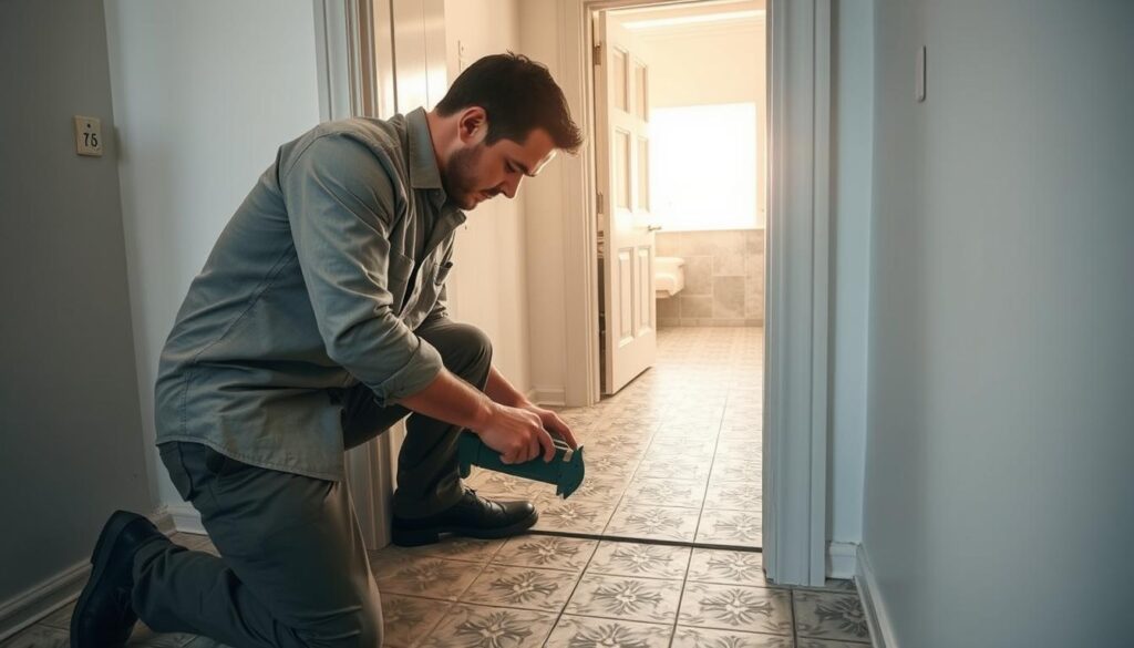 An experienced tiler skillfully arranging ceramic tiles in a narrow, challenging space near a doorframe, showcasing advanced techniques for precision fitting. In the foreground, the tiler, dressed in a professional work shirt and pants, focuses intently on measuring and cutting tiles with a tile cutter. The middle ground features a partially tiled area with a variety of tiles, displaying intricate patterns and textures. The background shows a partially open door with natural light flooding in, illuminating the scene and creating a warm, inviting atmosphere. The space is clean and organized, emphasizing professionalism and attention to detail, captured from a slightly elevated angle to highlight the complexity of the tiling work.