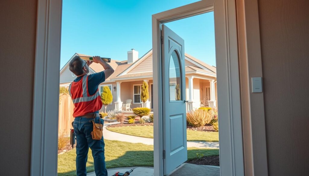 An exterior scene depicting a professional installation of an external door. In the foreground, a skilled tradesperson in professional work attire focuses on the door frame, using a level tool to ensure proper alignment. The middle ground features the freshly painted exterior door with a modern design, partially opened, showcasing a glimpse of the entrance. Tools such as a drill and screws are neatly arranged nearby. In the background, a suburban home with well-maintained landscaping is visible, bathed in warm sunlight, creating an inviting atmosphere. The scene is set during a clear day, emphasizing vibrant colors and sharp details, capturing the essence of home improvement and craftsmanship.