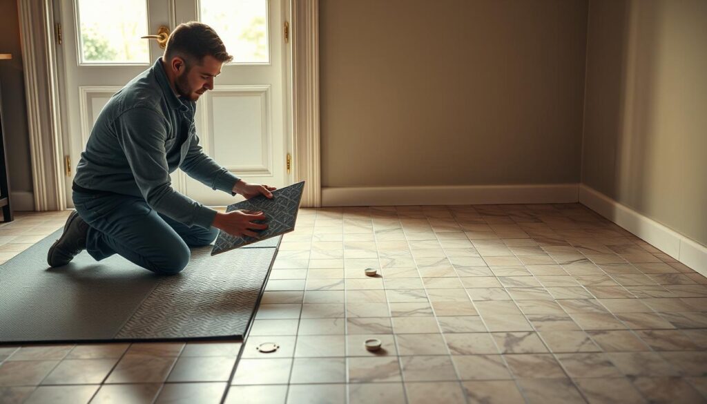 An instructional scene depicting a professional tiler carefully laying ceramic tiles near a door frame. In the foreground, show the tiler kneeling on a tile mat, focused on aligning a gray patterned tile with precision. In the middle ground, a partially tiled area showcases a neat arrangement of tiles, with spacers in place for even gaps. The background features an open doorway, allowing natural light to flood in, casting soft shadows. The atmosphere is industrious yet organized, highlighting the technique of tiling. Use warm, inviting lighting to enhance details, and a slight overhead angle to capture the tiler's methodical process. Ensure the tiler is dressed in a smart, modest work outfit to maintain professionalism.