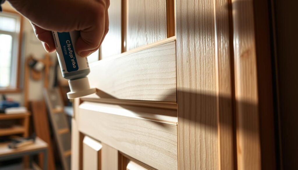 Detailed close-up of a door with an emphasis on weatherstripping. The foreground features a hand applying a high-quality foam sealant along the edges of a sturdy wooden doorframe, showcasing the precision of the installation process. The middle ground captures the door itself, with visible grooves and a smooth finish, while the background subtly highlights a well-lit workshop environment, with tools and materials neatly arranged. Soft, natural light illuminates the scene, casting gentle shadows that enhance the textures of the door and sealant. The atmosphere is calm and focused, conveying the careful attention required for proper door sealing and finishing. No text or people are present, allowing the image to emphasize the technical details of the door sealing process.