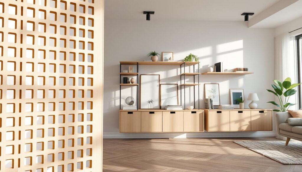 Modern openwork panels and shelves in a stylish interior setting. In the foreground, showcase a sleek, intricately designed lattice panel made of light-colored wood, casting soft shadows. The middle of the scene features a contemporary bookshelf filled with decorative items like plants, art pieces, and books, emphasizing the decorative function of the space. The background reveals a softly lit room with neutral walls and large windows, allowing natural light to pour in, creating a warm and inviting atmosphere. Use a wide-angle lens effect to capture the entire composition. The mood should feel serene and elegant, reflecting a harmonious blend of functionality and aesthetics in modern interior design.